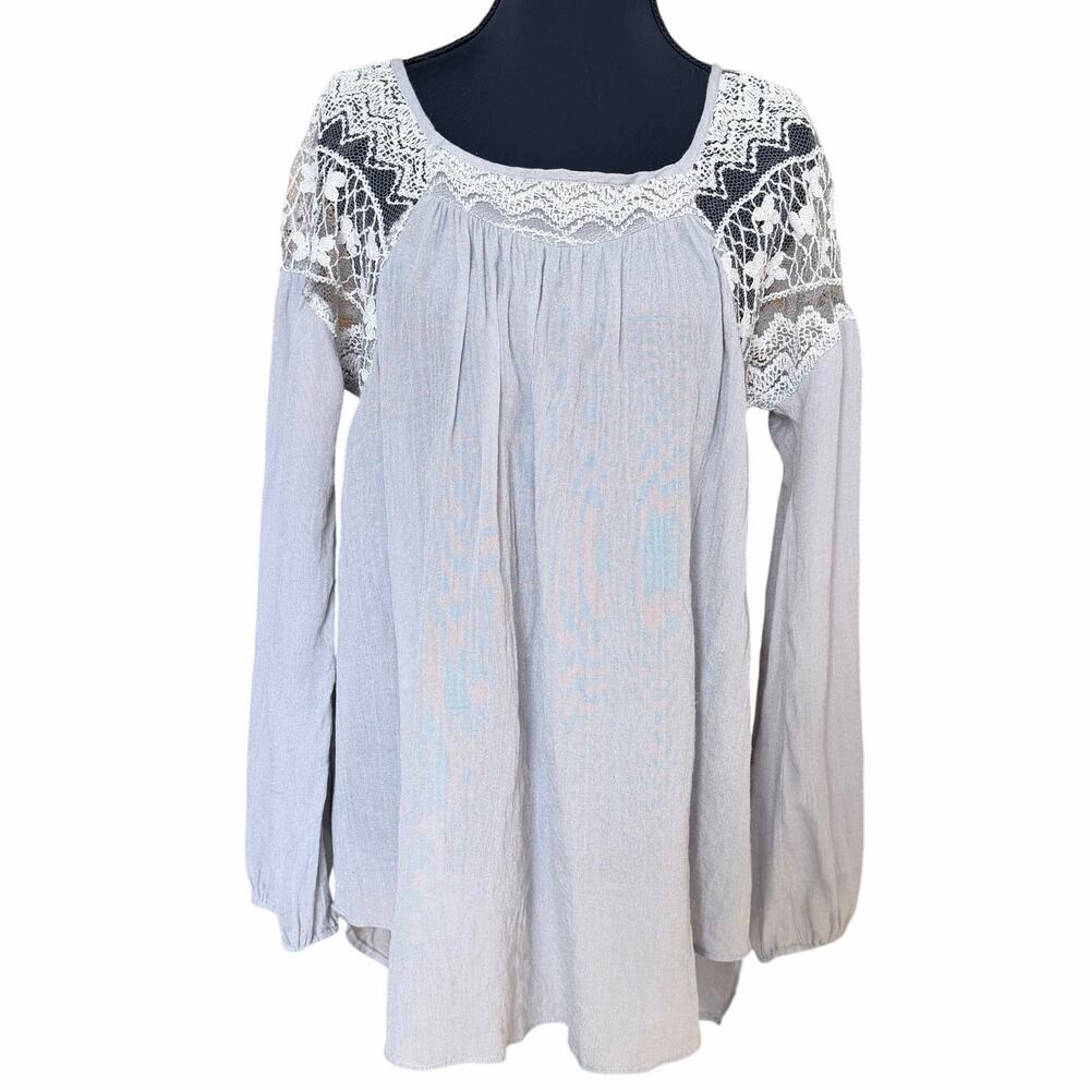A’reve anthropologie lace gray flowy blouse top boho romantic open back medium